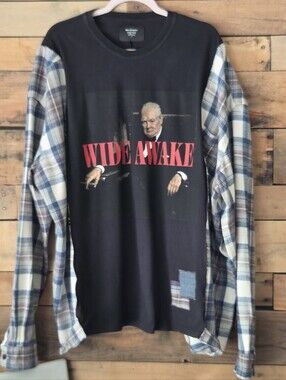 Upcycled Wide Awake Graphic T-shirt with Blue Plaid Sleeves